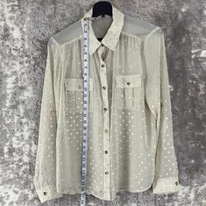 Monteau Size M Polka Dot Semi Sheer Casual Button Top Beige Long Sleeve Collar